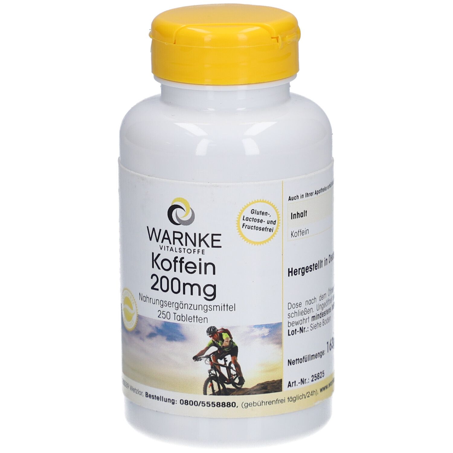 Flacon blanc à bouchon jaune. Inscription: WARNKE Koffein 200mg. 250 comprimés. Sans gluten, lactose et fructose.