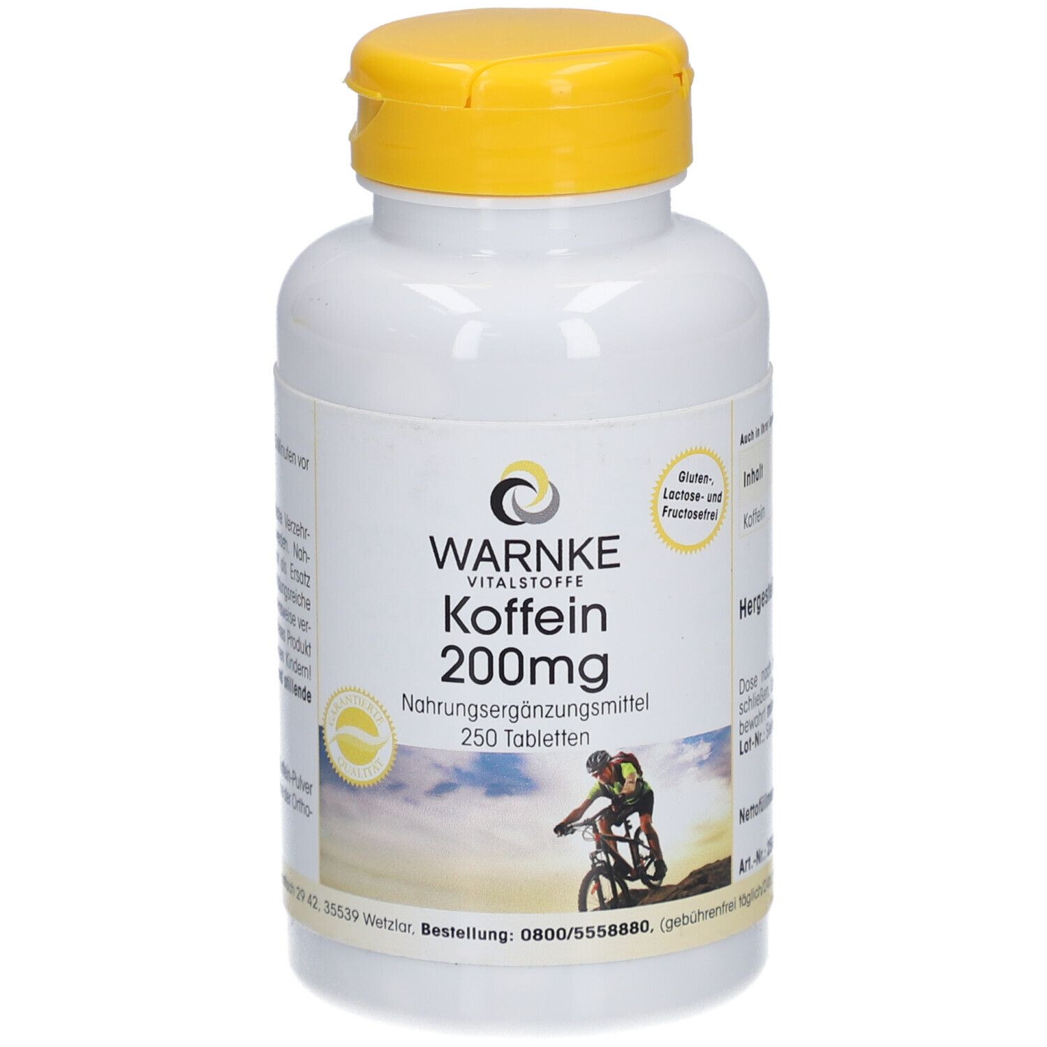 Flacon blanc à bouchon jaune. Inscription: WARNKE Koffein 200mg. 250 comprimés. Illustration d'un cycliste.