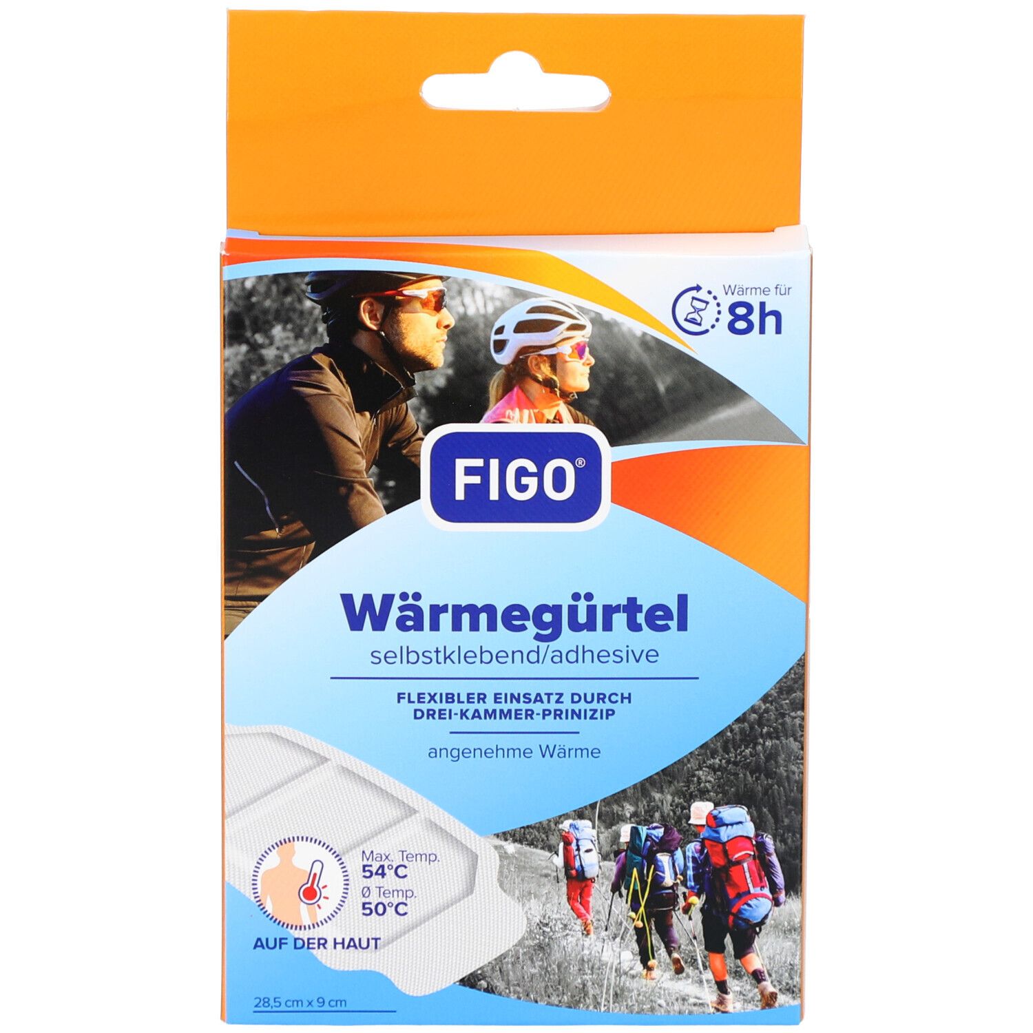 Emballage de FIGO Wärmegürtel. Produit blanc, 9x28,5cm. Images de cyclistes et randonneurs. Texte: Wärmegürtel, auto-adhésif.