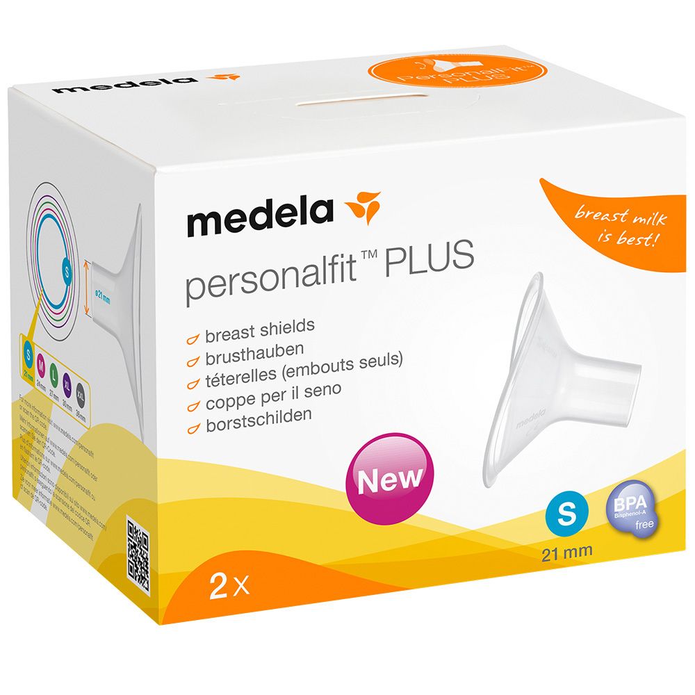 Emballage avec deux téterelles. Inscription : medela personalfit PLUS. Taille S, 21 mm. Sans BPA.