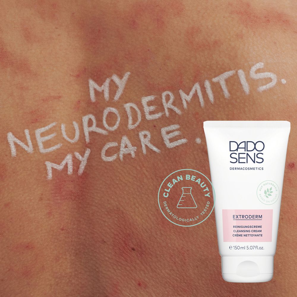 Femme avec rougeurs cutanées, inscription 'MY NEURODERMITIS. MY CARE.' et tube.