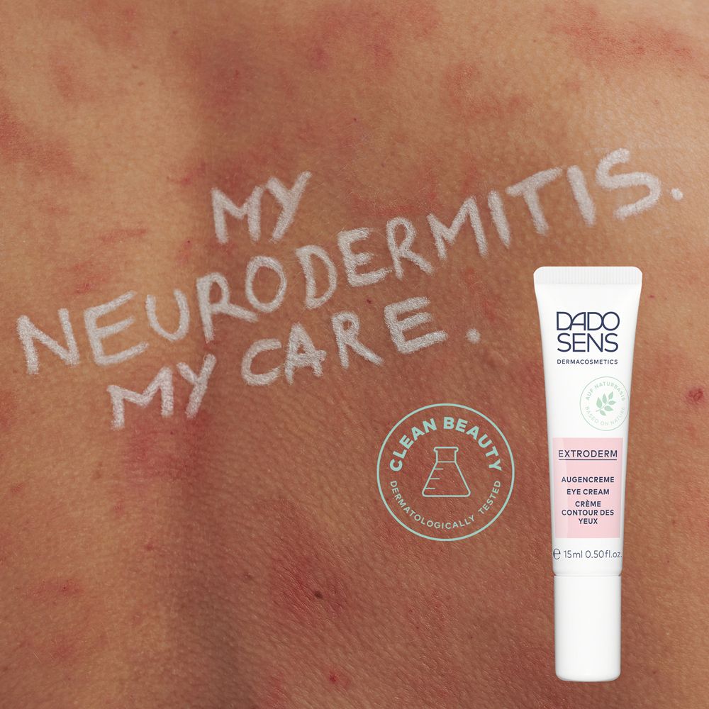 Peau avec rougeurs et texte : 'MY NEURODERMITIS. MY CARE.' à côté du tube.