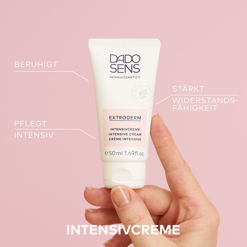 Tube DADO SENS Extroderm. Texte: Apaise, soigne intensément, renforce la résistance.