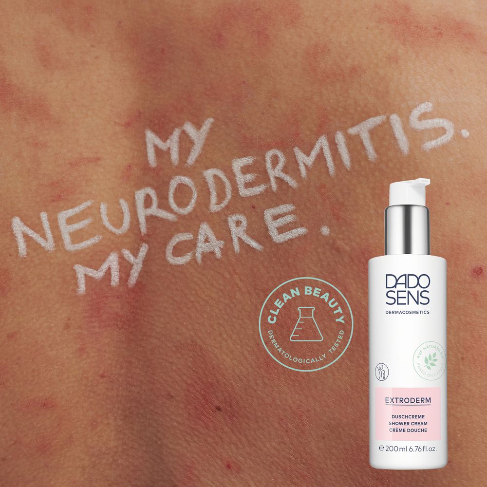Éruption cutanée rouge. Inscription : MY NEURODERMITIS. MY CARE. Flacon DADO SENS EXTRODERM.
