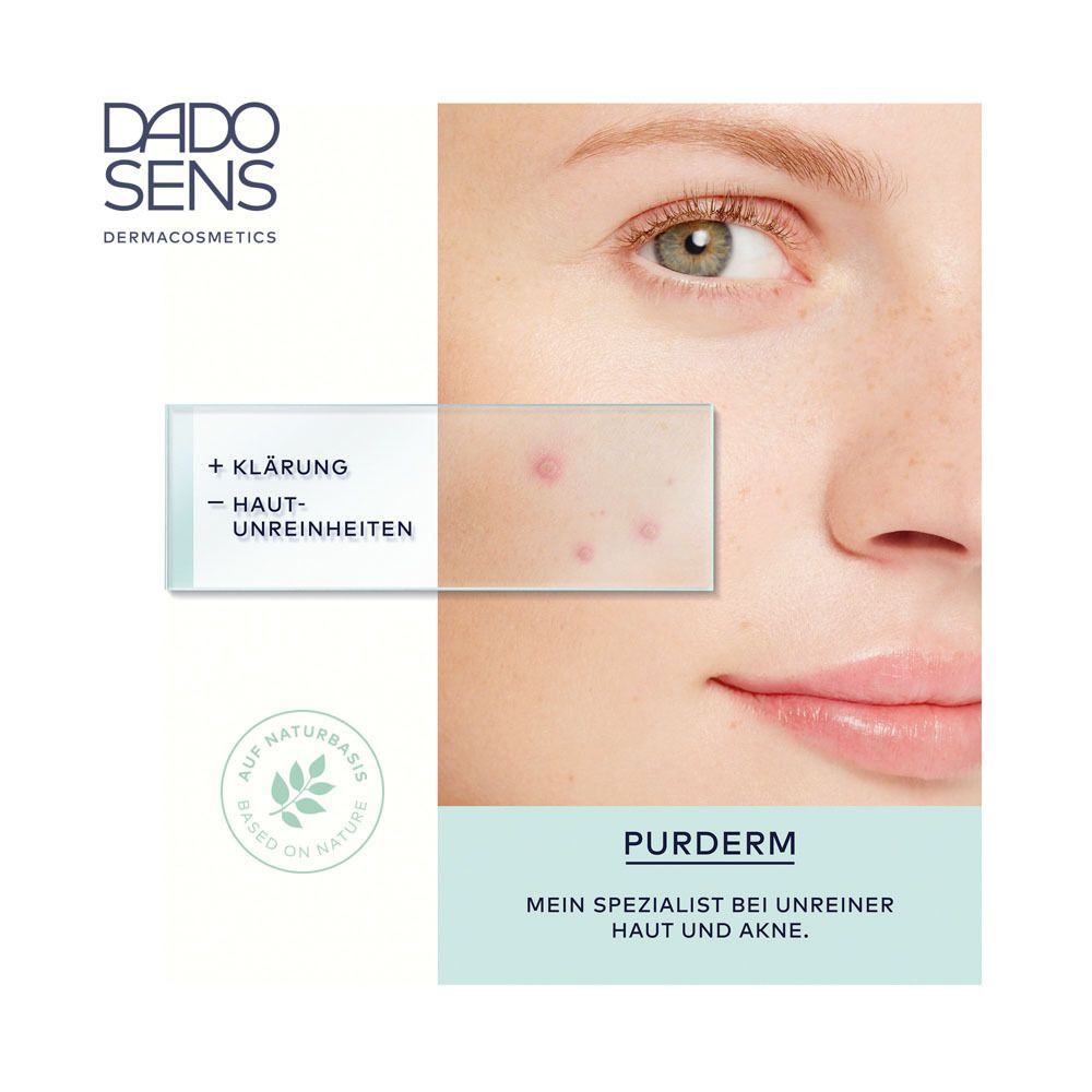 Visage avec imperfections cutanées. Zone de texte avec '+ Clarification - Imperfections cutanées'. Nom du produit PurDerm.