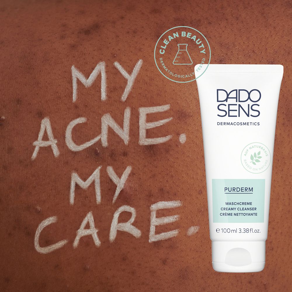 Peau avec texte: 'My Acne. My Care.' et produit. Tube de crème lavante, logo DADO SENS.