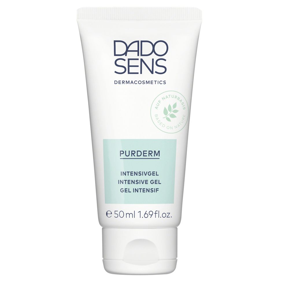 Tube blanche et turquoise DADO SENS PURDERM Intensivgel. Inscription: 50ml, 1.69 fl.oz.