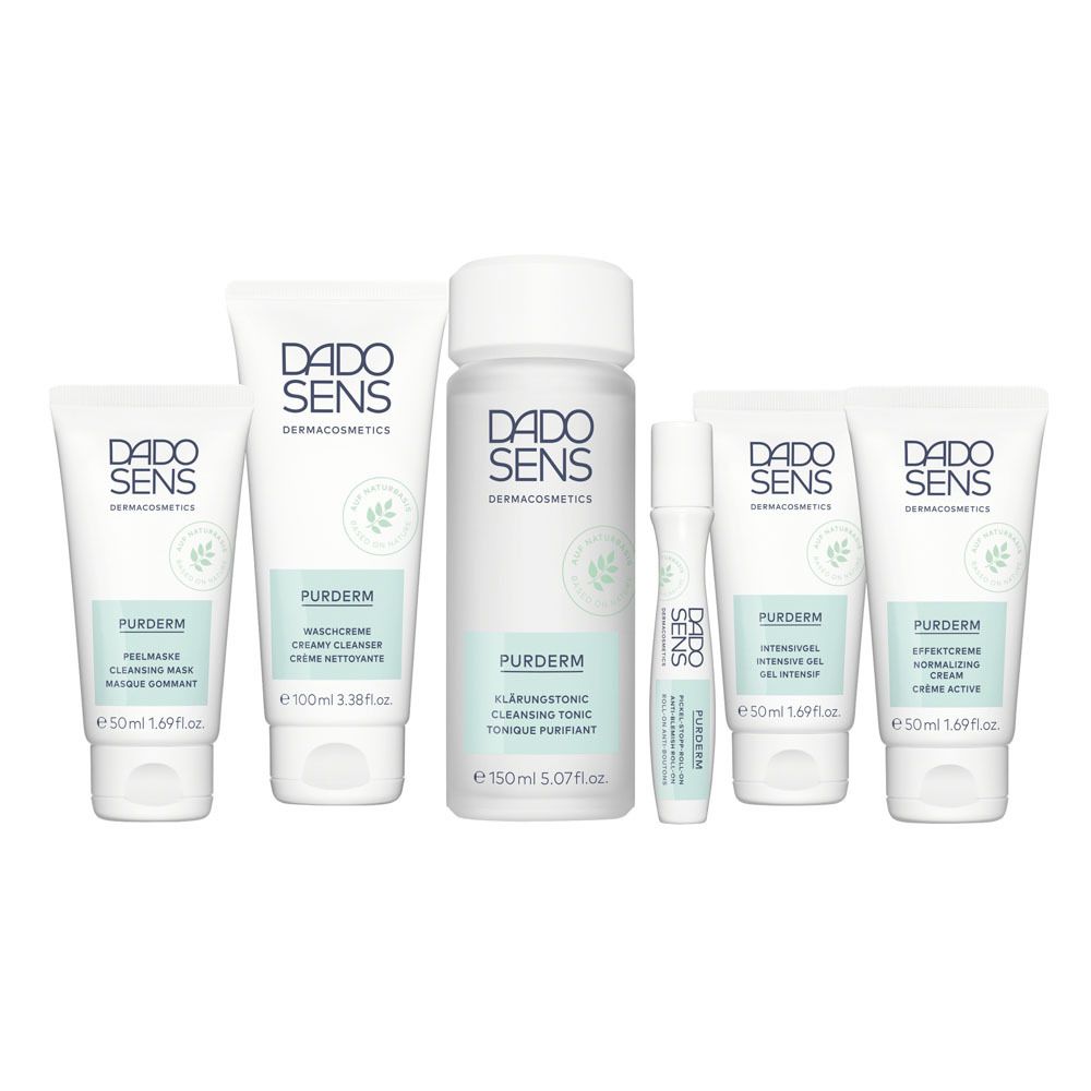 Six produits de la marque DADO SENS: mousse nettoyante, crème, tonique, sérum, gel intensif, crème de jour.