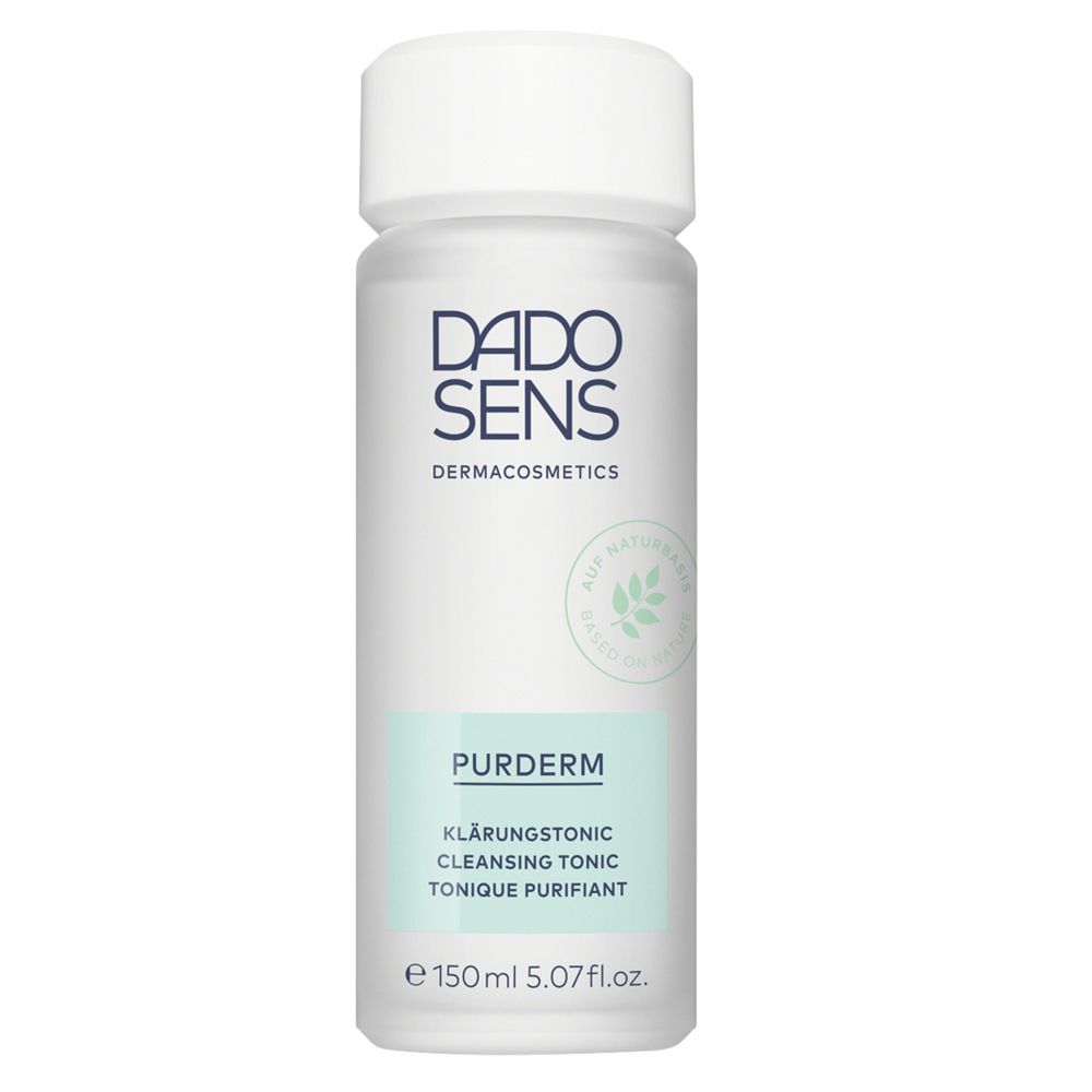 Flacon de tonique clarifiant DADO SENS PURDERM. Bouchon blanc, flacon transparent avec informations.