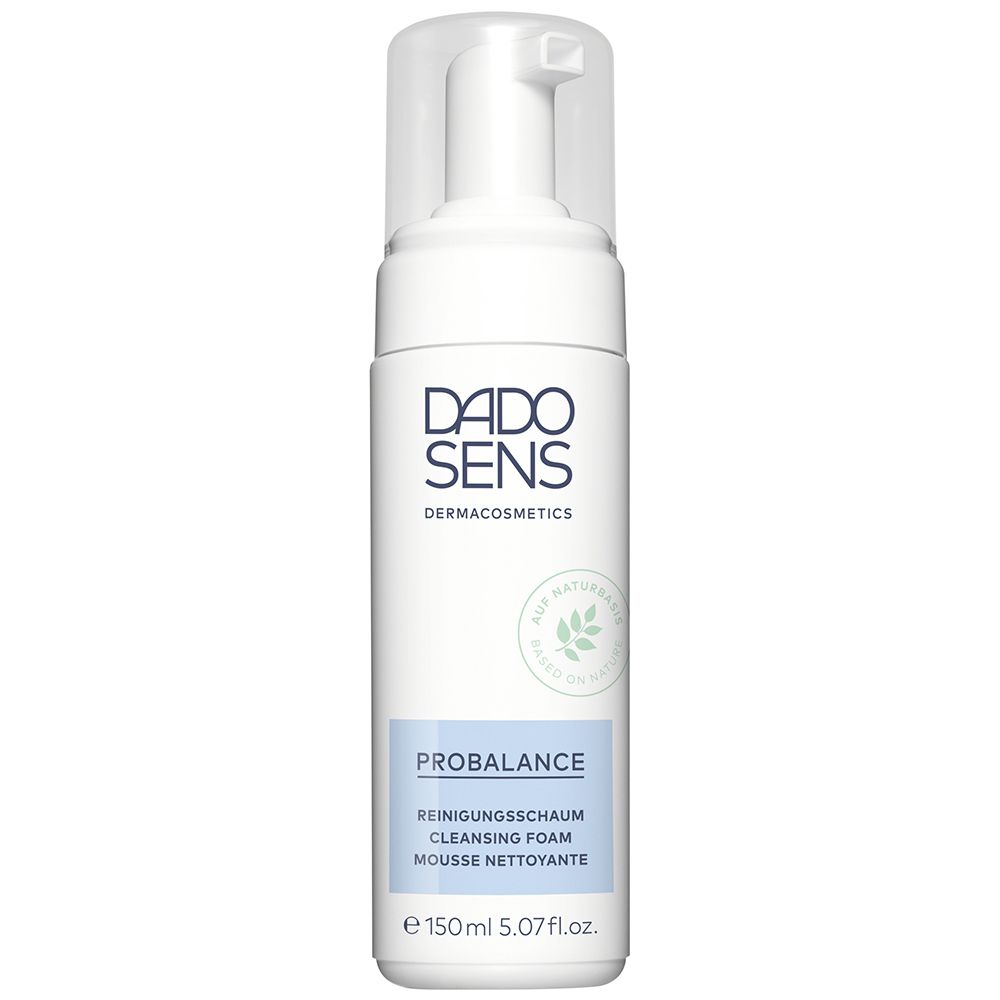 Flacon blanc de mousse nettoyante DADO SENS. Étiquette PROBALANCE, feuilles vertes. 150ml.