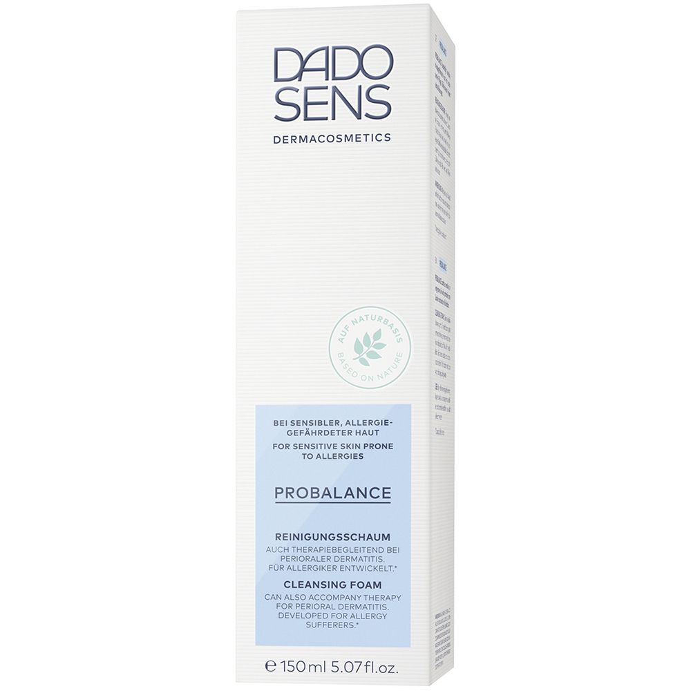 Emballage blanc DADO SENS. Étiquette PROBALANCE, feuilles vertes. Texte pour peaux sensibles. 150ml.