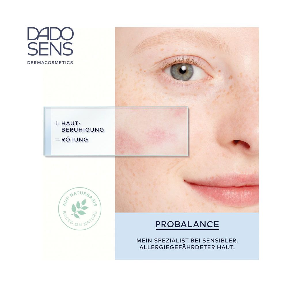 Visage avec rougeurs cutanées. Texte : + Apaisement cutané - Rougeurs. PROBALANCE pour peaux sensibles.