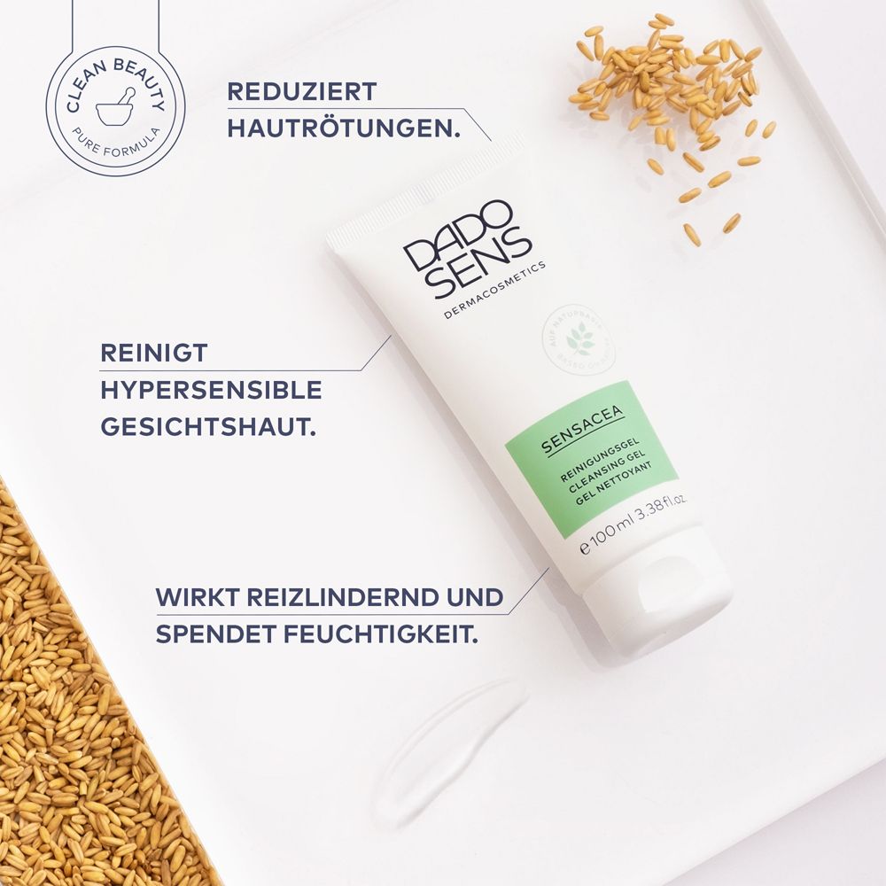 Produit sur plateau blanc. DADO SENS SENSACEA Gel Nettoyant, texte et flèches avec informations produit. Flocons d'avoine.