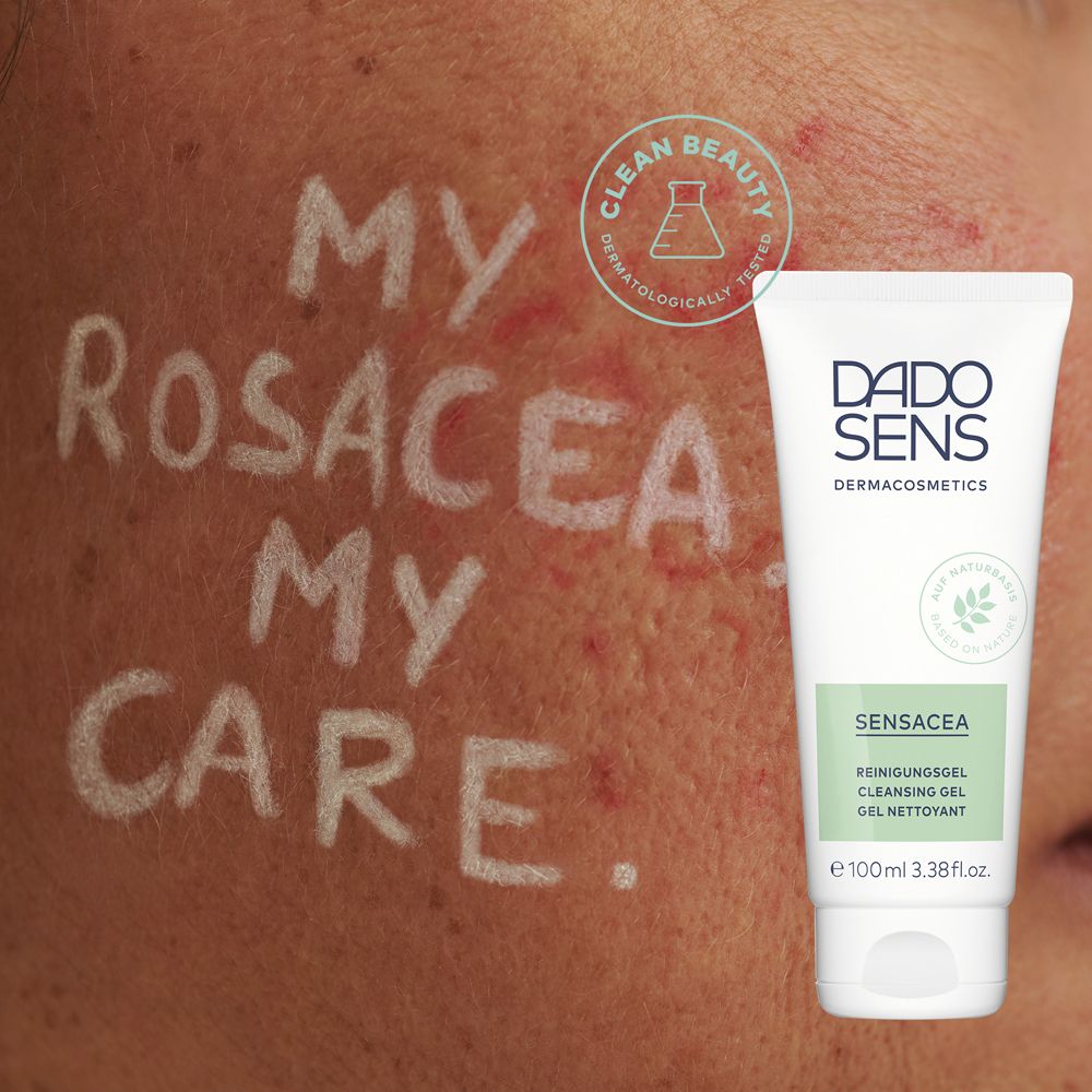 Visage avec texte: My Rosacea My Care. DADO SENS SENSACEA Gel Nettoyant. Testé dermatologiquement.