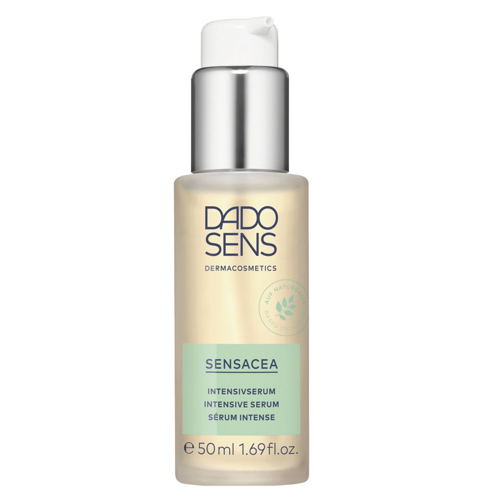 DADO SENS SENSACEA Sérum Intensif. Flacon pompe, bouchon argenté, étiquettes vertes et blanches.
