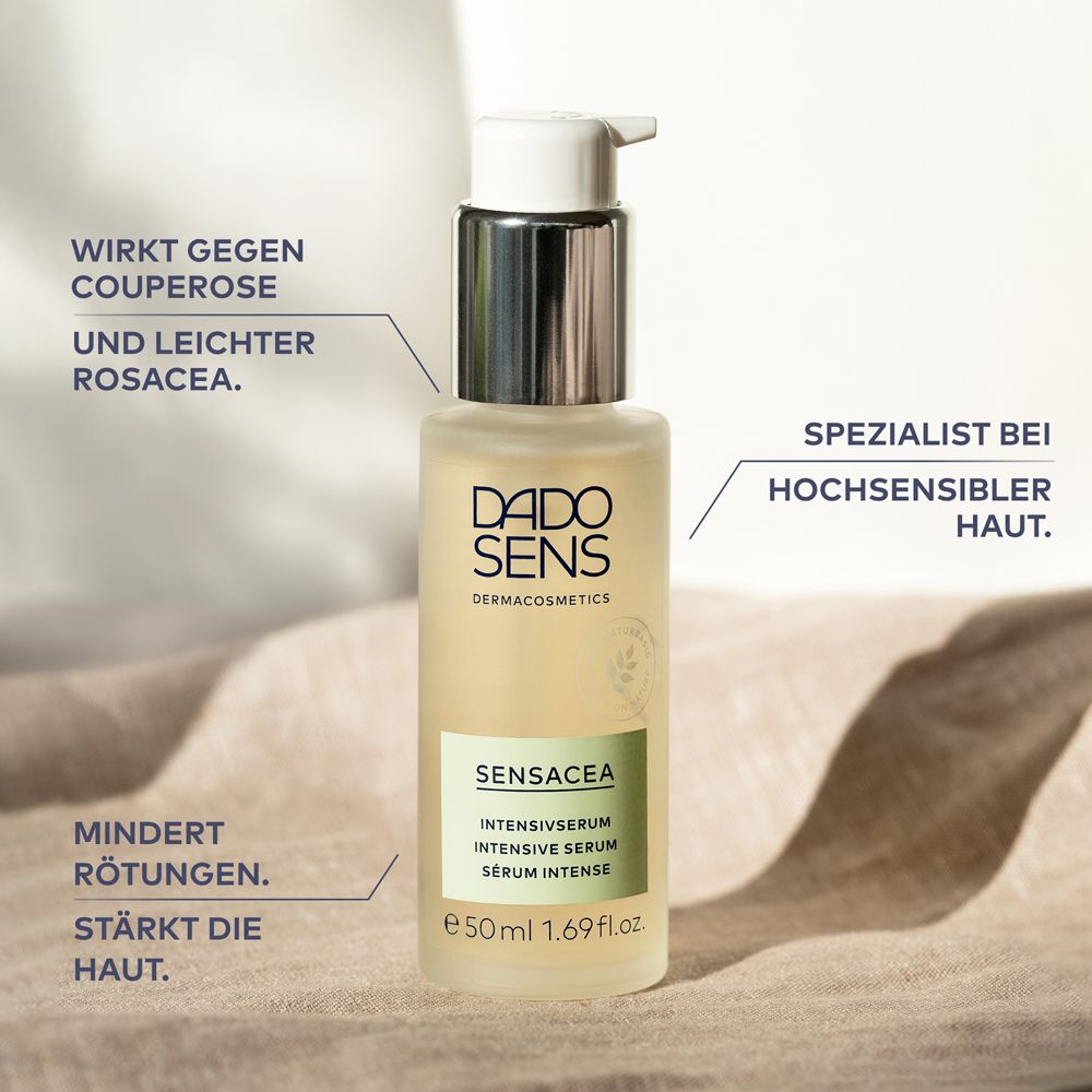 DADO SENS SENSACEA Sérum Intensif. Bouteille avec texte. Zones de texte avec informations.