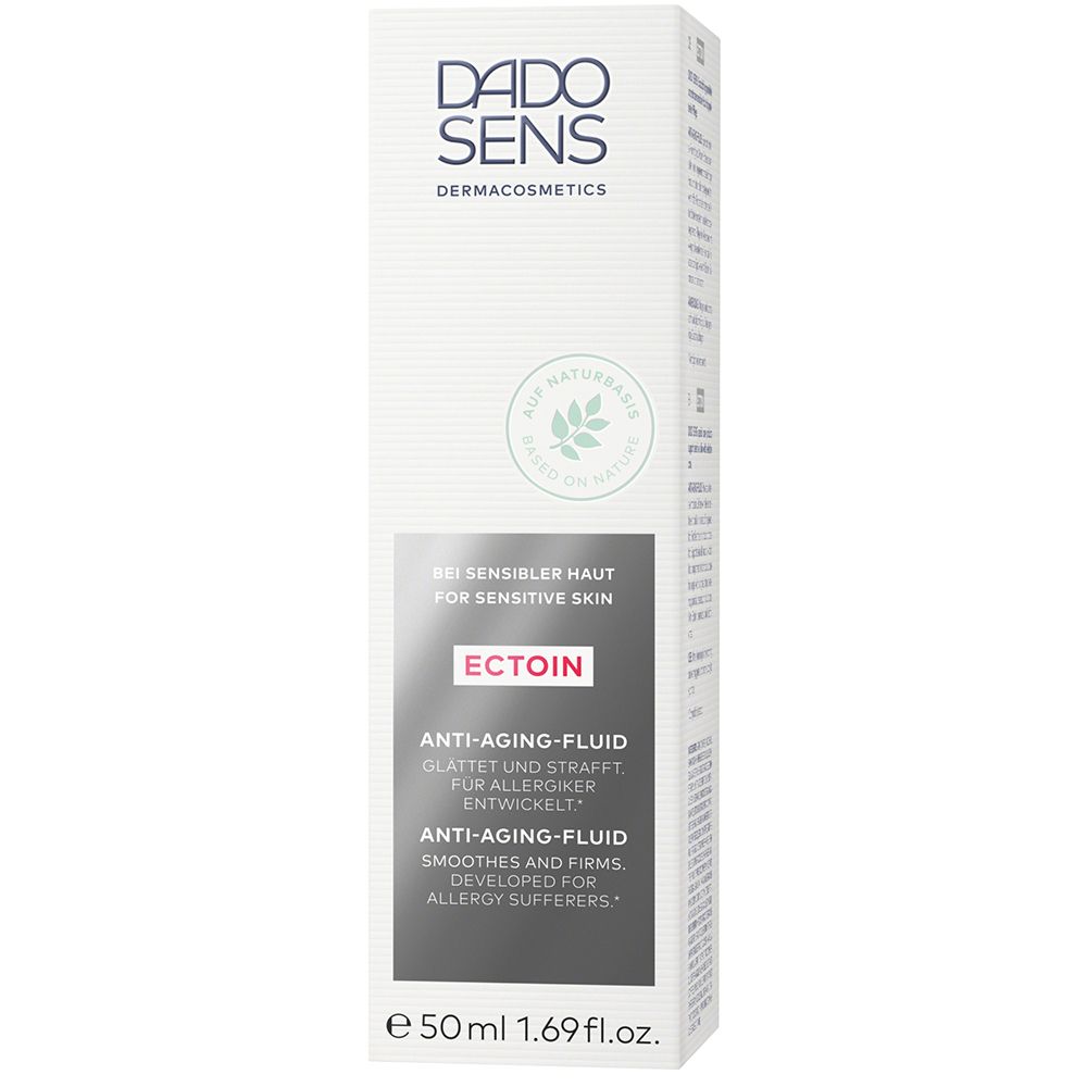 Emballage blanc avec informations produit. Inscription : DADO SENS, Ectoin, Anti-Âge. Pour peaux sensibles.