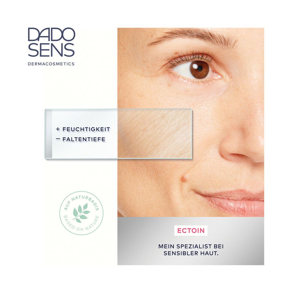 Visage avec produit. Inscription : DADO SENS, Ectoin, Mon spécialiste pour peaux sensibles. + Hydratation - Rides.