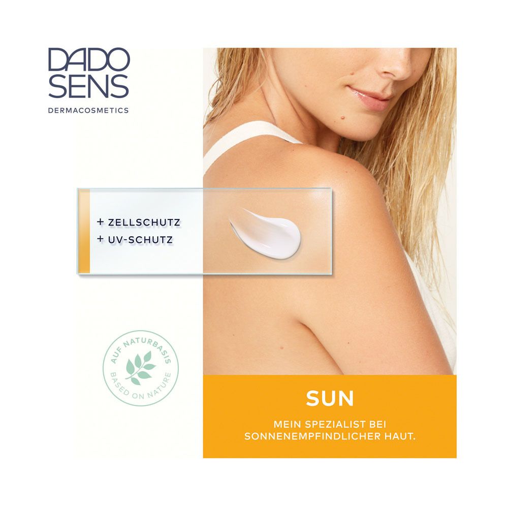 Femme avec crème solaire sur la peau. Texte: Protection cellulaire + protection UV. À base naturelle. Fluide solaire pour peaux sensibles.