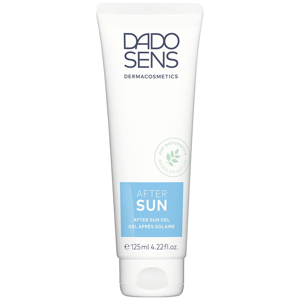 Tube blanche avec étiquette bleue. Inscription: DADO SENS, After Sun Gel. Contient 125ml.