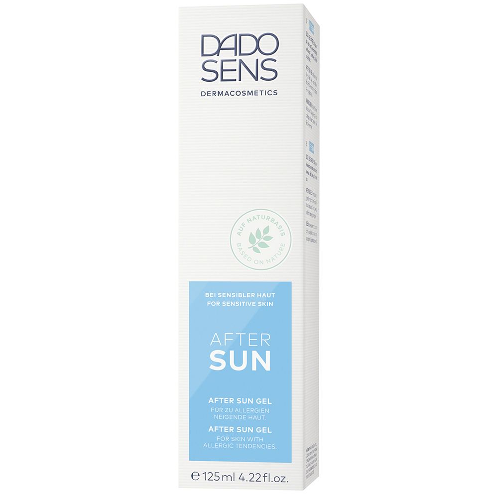 Emballage blanc avec étiquette bleue. Inscription: DADO SENS, After Sun Gel. Pour peaux sensibles.
