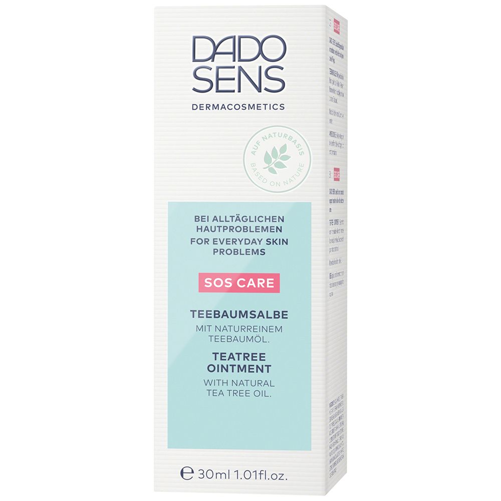 Emballage DADO SENS SOS CARE Teebaumsalbe. Texte: Pour les problèmes de peau quotidiens. Teatree Ointment.
