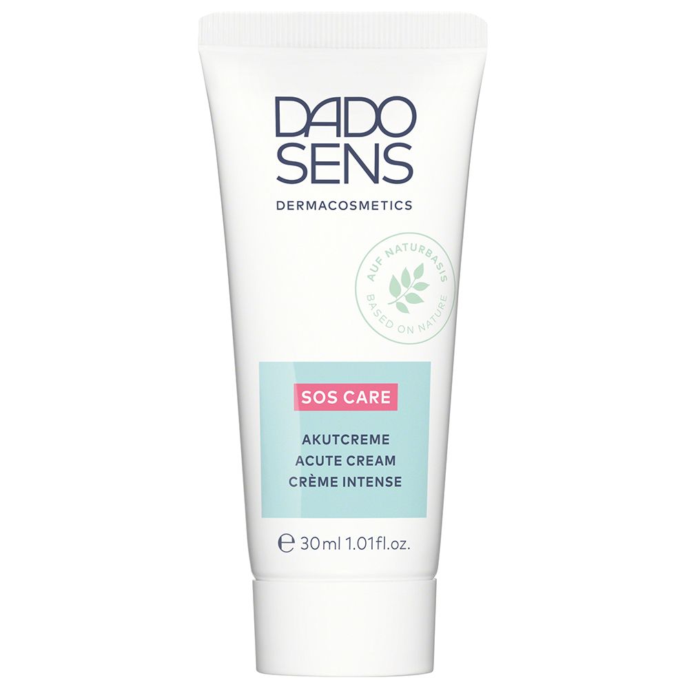Tube blanche DADO SENS SOS CARE Akutcreme. Inscription : Akutcreme, Crème Intense. 30ml.