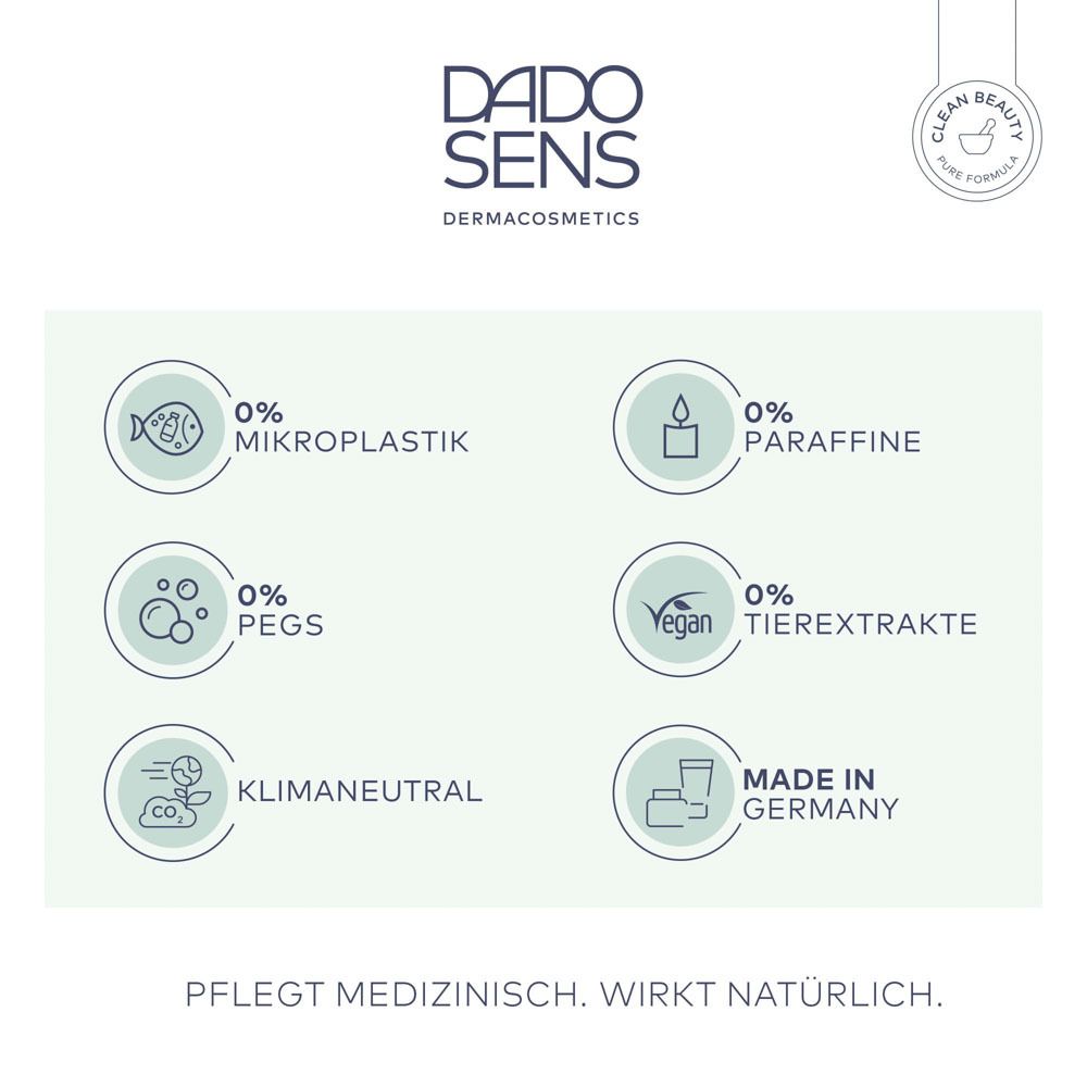 Infographie avec symboles. 0% microplastiques, paraffines, PEG, extraits animaux, Vegan, neutre en carbone.