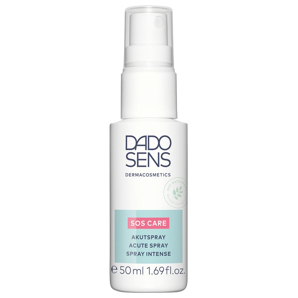 Spray blanc avec tête de pompe. Inscription : DADO SENS, SOS CARE, Akutspray. 50ml.