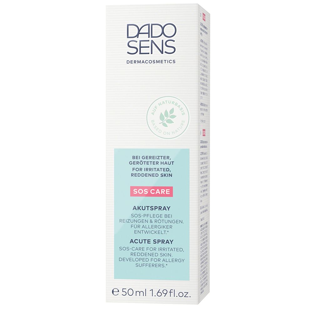 Emballage blanc avec informations sur le produit. Inscription : DADO SENS, SOS CARE, Akutspray. 50ml.