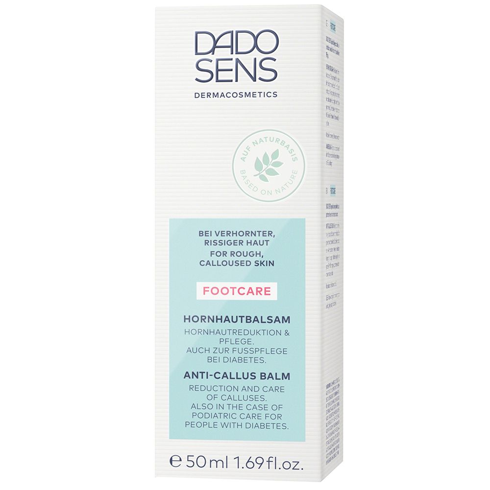 Emballage avec logo DADO SENS et FOOTCARE. Contient un baume anti-callosités. 50ml. Pour peaux rugueuses.