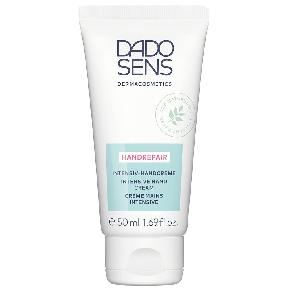 Tube blanche DADO SENS Handrepair, crème mains intensive. 50 ml. Inscription verte sur fond blanc.