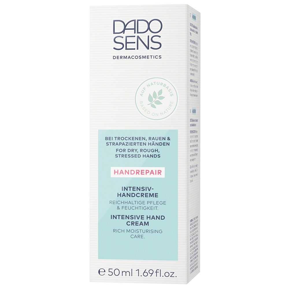 Emballage DADO SENS Handrepair, crème mains intensive. Pour mains sèches. 50 ml. Blanc, accents verts.