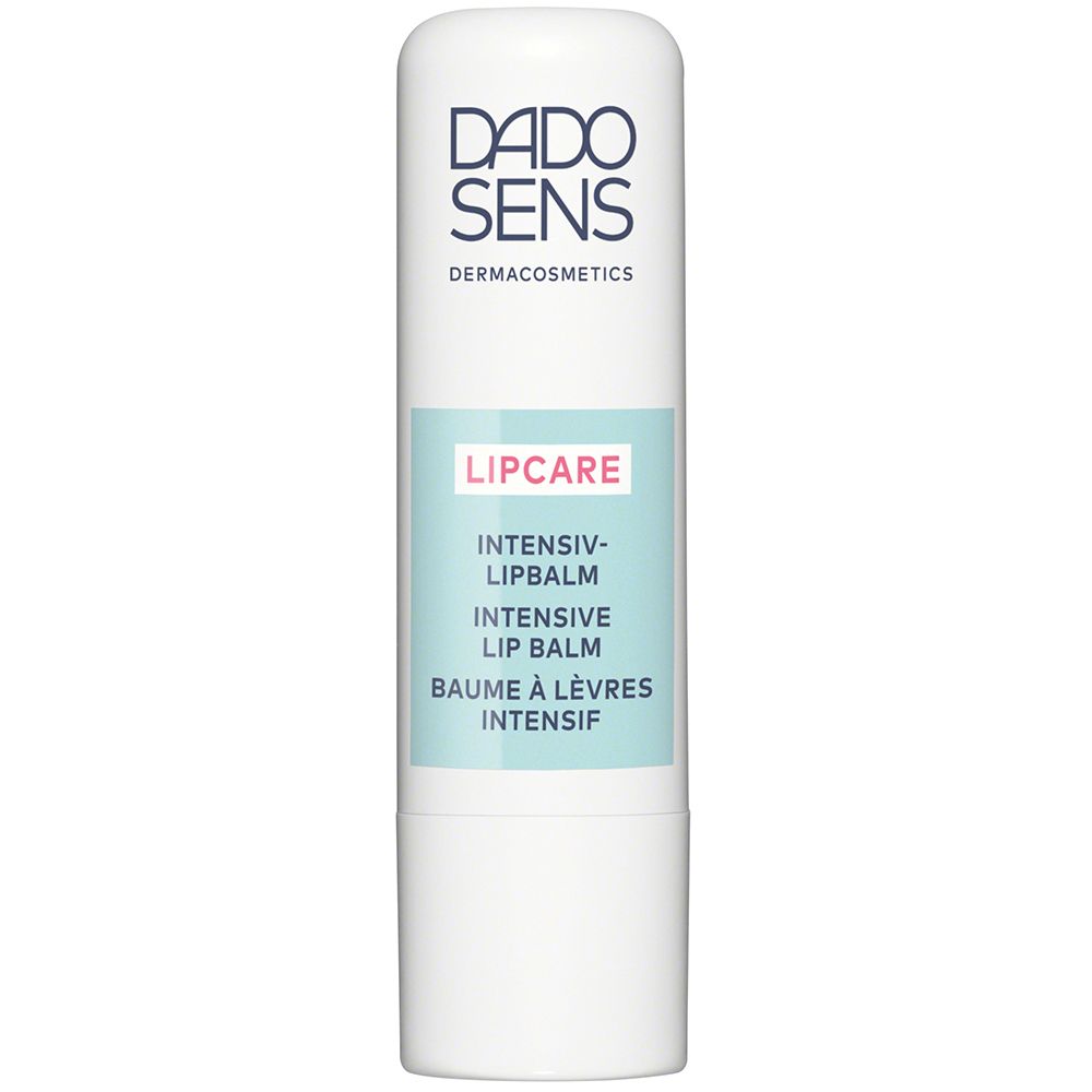 Stick de soin des lèvres blanc avec texte bleu. Marque: DADO SENS. Texte: LIPCARE Baume à lèvres intensif.