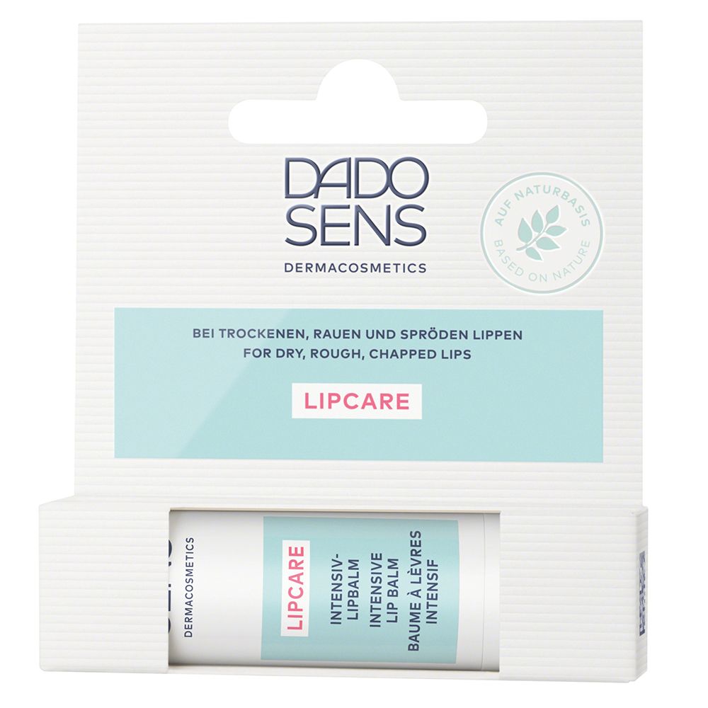 Emballage avec stick de soin des lèvres. Marque: DADO SENS. Texte: LIPCARE. Pour lèvres sèches. Base naturelle.