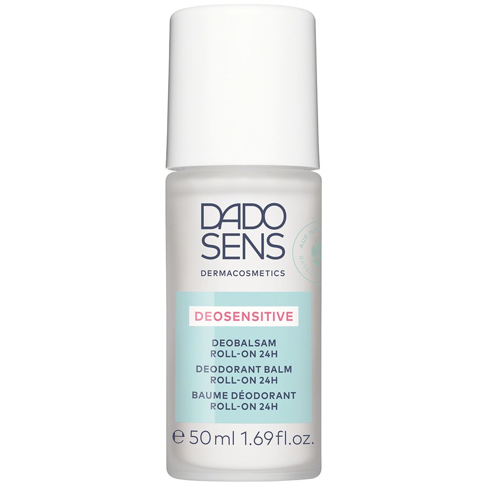 Roll-on déobalsamique. Flacon blanc avec bouchon blanc. Texte : DADO SENS, DEOSENSITIVE, Deobalsam Roll-on 24h.