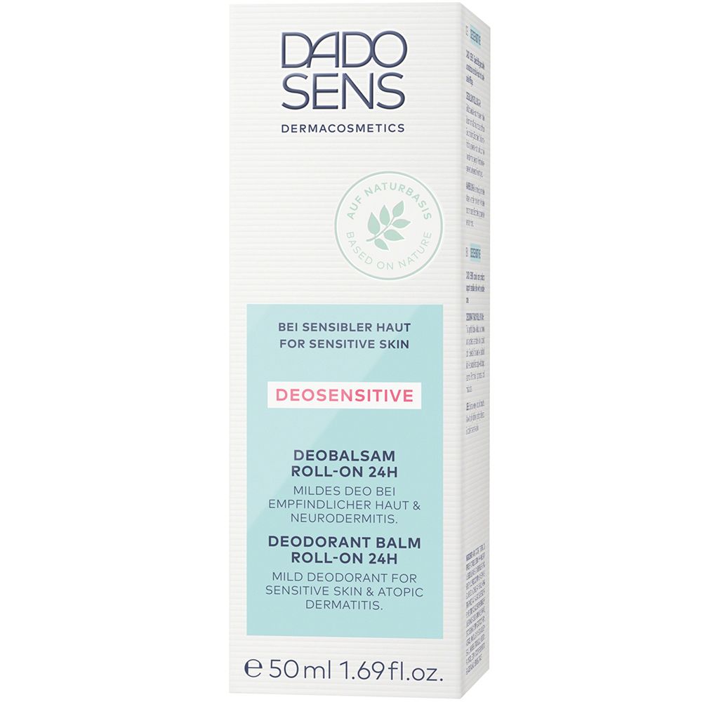 Emballage pour déobalsamique. Blanc avec texte : DADO SENS, DEOSENSITIVE, Deobalsam Roll-on 24h. Pour peaux sensibles.