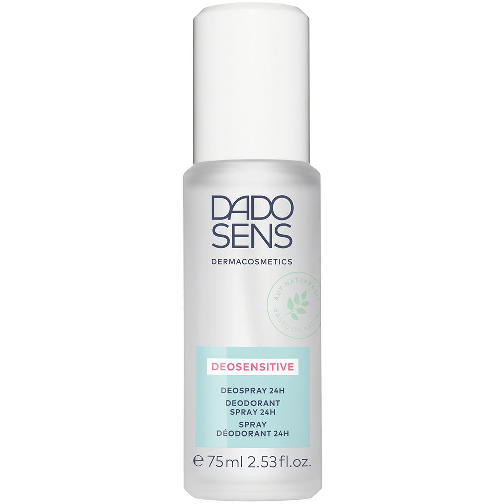 Déodorant spray avec bouchon blanc. Inscription : DADO SENS, DEOSENSITIVE, Déodorant 24h. Volume : 75ml.