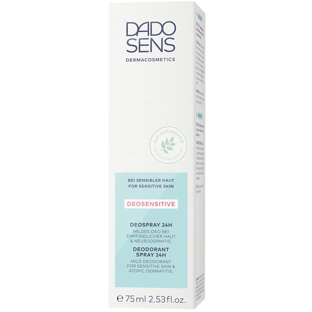 Emballage avec inscription : DADO SENS, DEOSENSITIVE, Déodorant 24h. Pour peaux sensibles. Volume : 75ml.