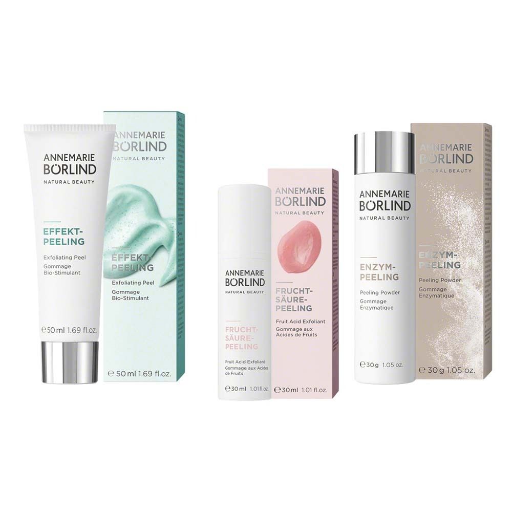 Trois produits avec emballage : EFFEKT-PEELING, FRUCHTSÄURE-PEELING, ENZYM-PEELING. Marque : ANNEMARIE BÖRLIND.
