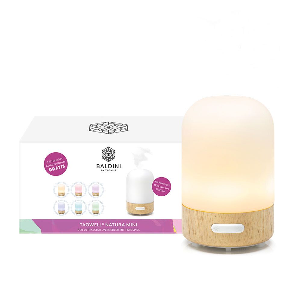 Diffuseur ultrasonique avec base en bois et corps blanc. Emballage avec image du produit et texte. Logo : Baldini by Taoasis.
