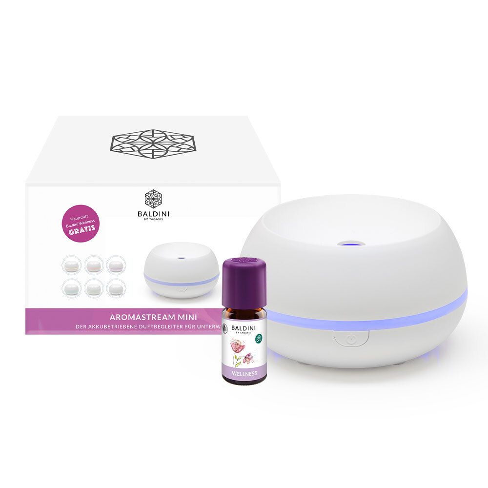 Diffuseur Aromastream Mini blanc avec accents violets, flacon d'huile essentielle et emballage. Marque : BALDINI.