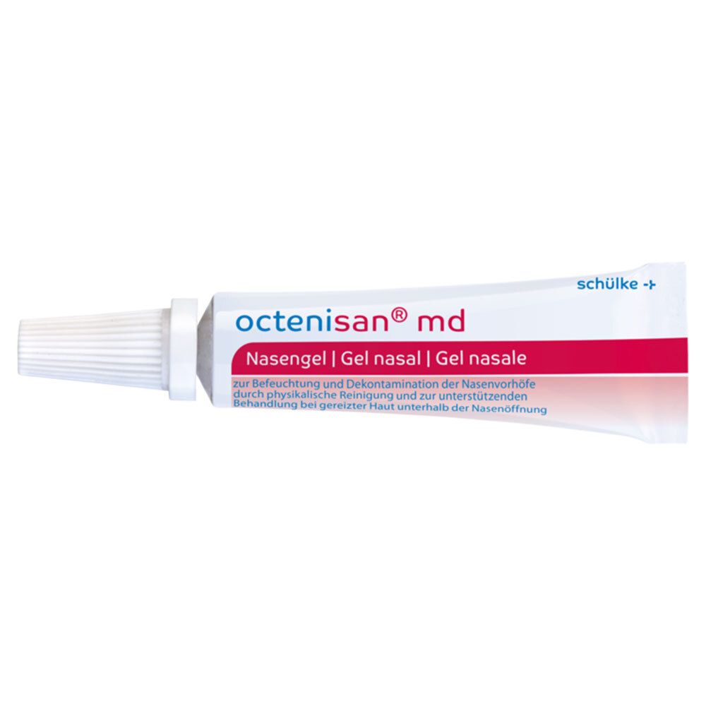 Tube de gel nasal Octenisan® md. Blanc, bande rouge, écriture bleue. Fabricant : schülke.