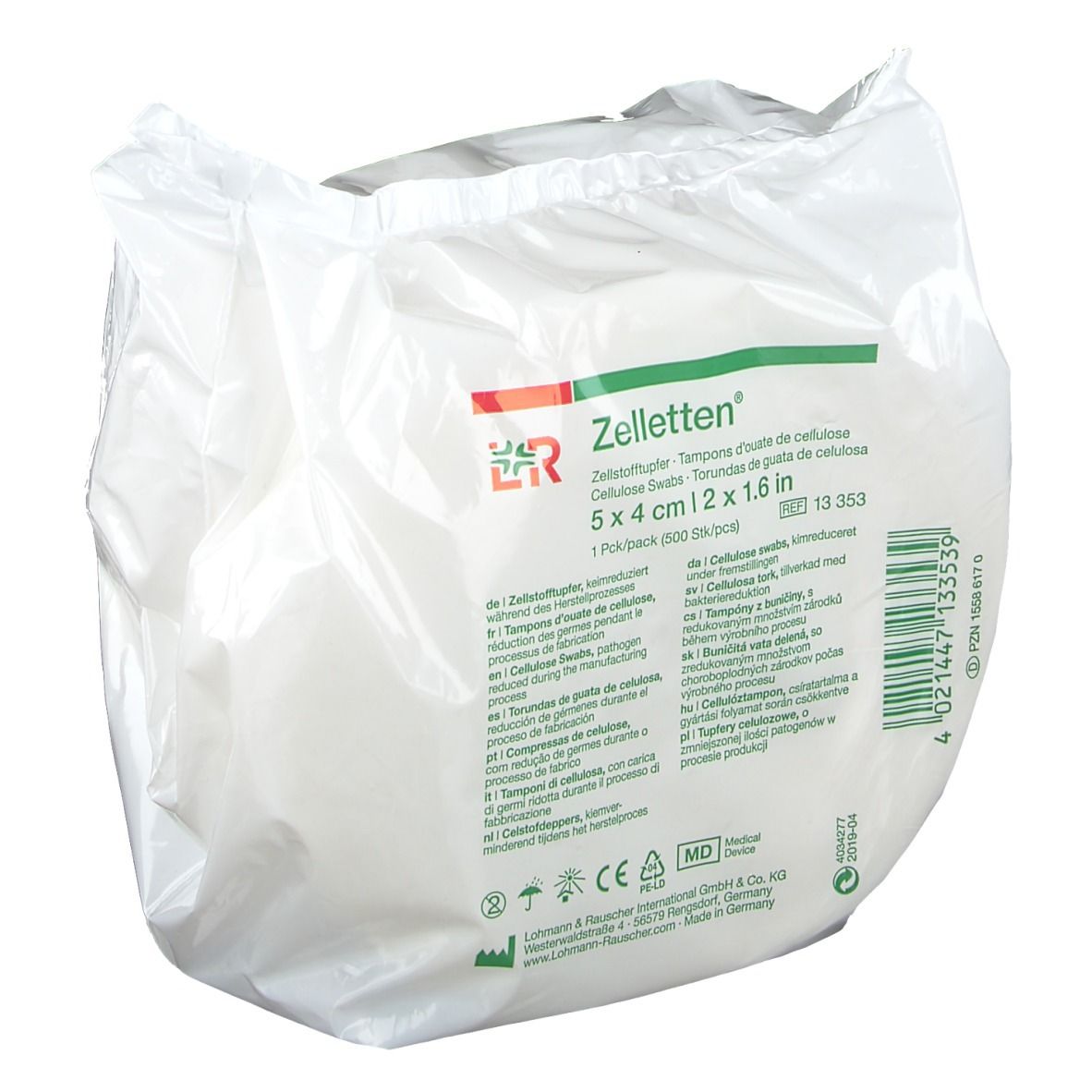 Emballage de Zelletten® 5x4 cm. Tampons de cellulose blancs dans un film transparent. Impression avec nom, taille et fabricant.