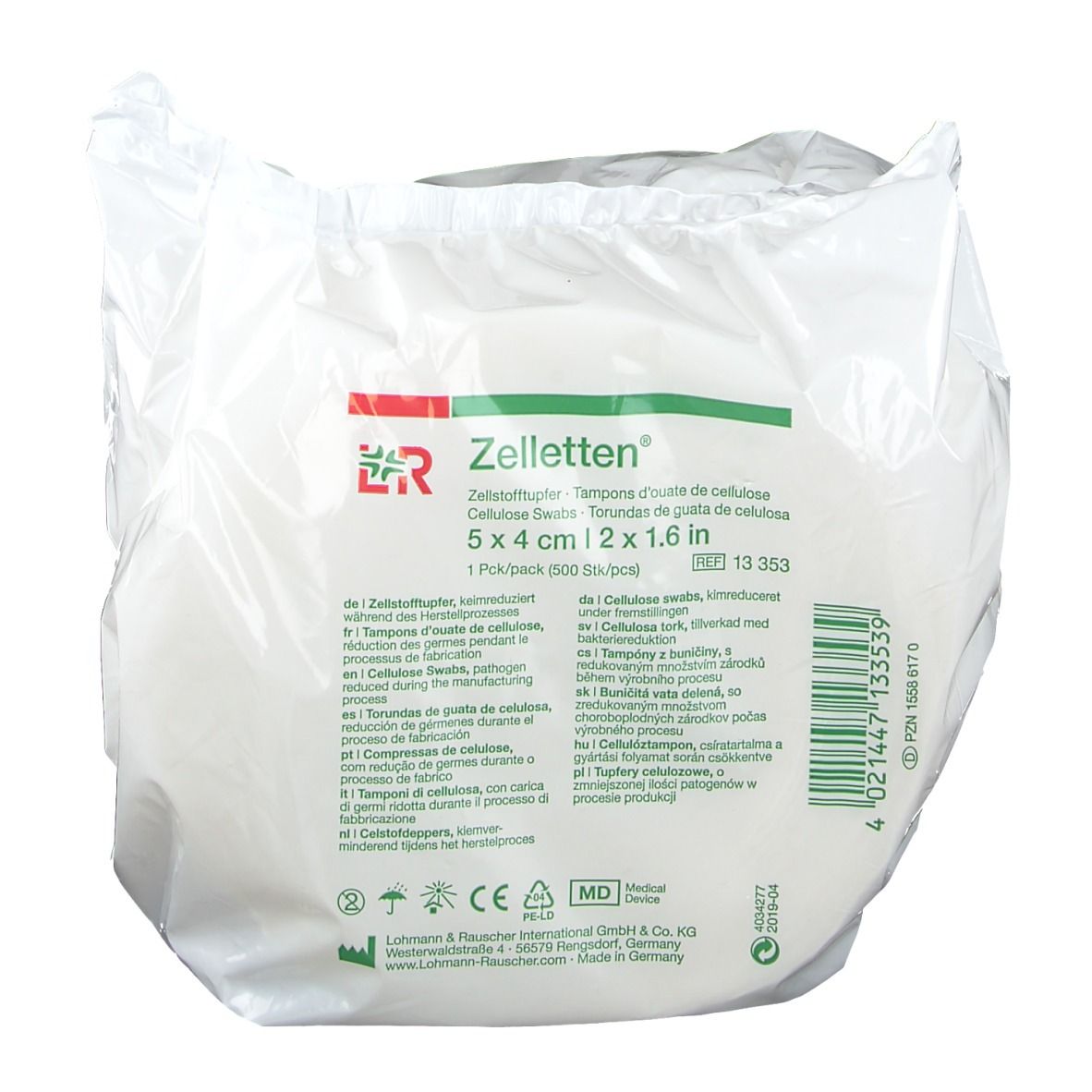 Emballage de Zelletten® 5x4 cm. Tampons de cellulose blancs en film transparent. Nom, taille et informations du fabricant.