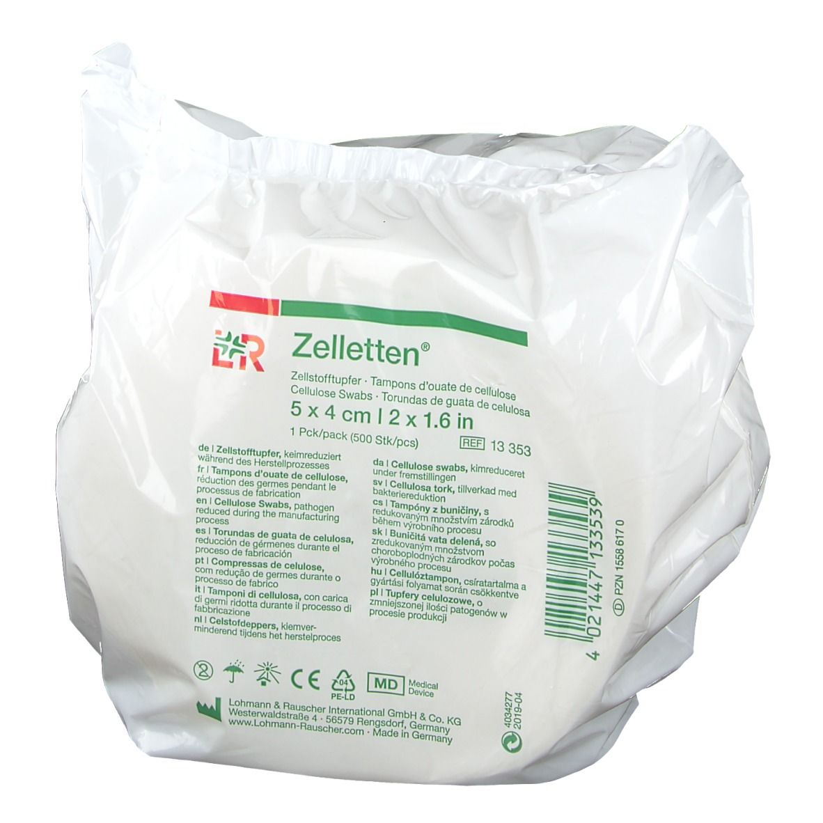 Emballage de Zelletten® 5x4 cm. Tampons de cellulose blancs en film transparent. Nom, taille et informations du fabricant.