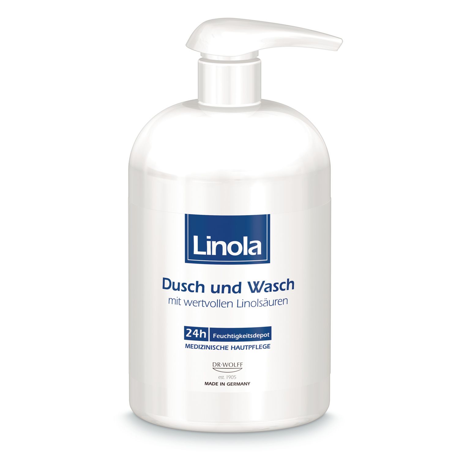 Flacon blanc avec pompe. Étiquette "Linola", "Dusch und Wasch". Soin médical de la peau. Fabriqué en Allemagne.
