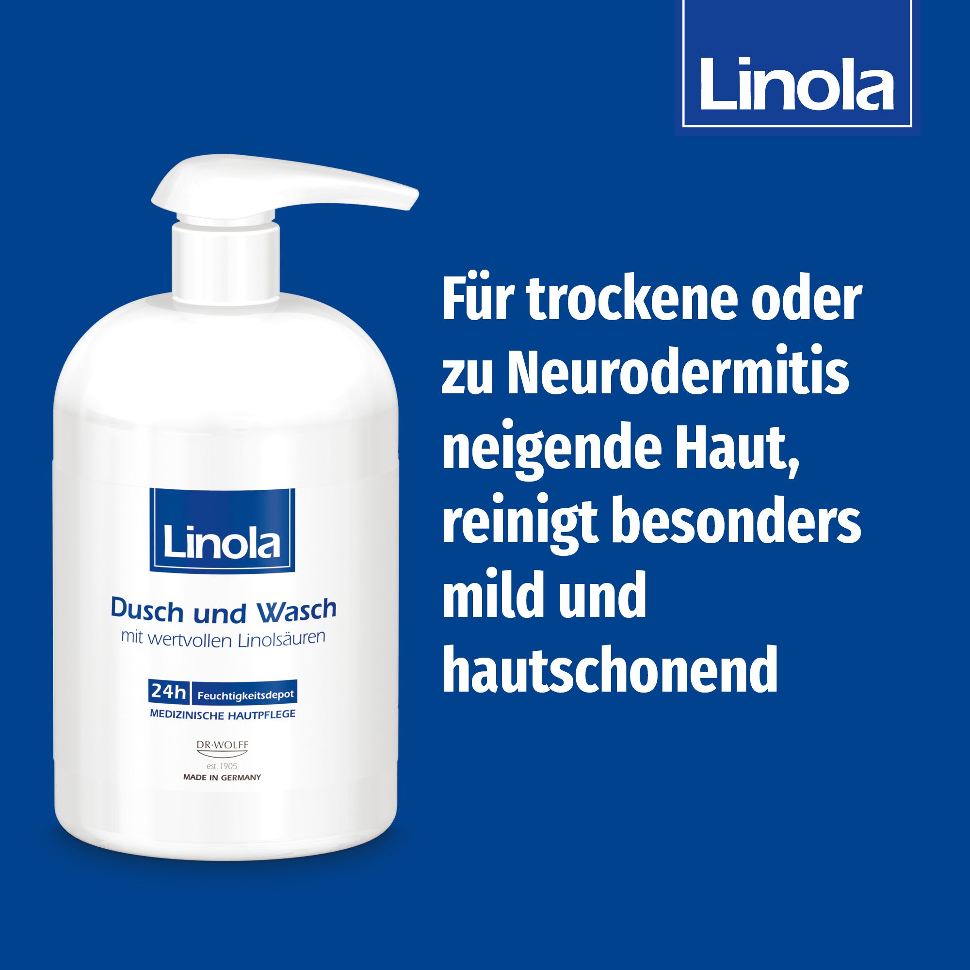 Flacon blanc avec pompe. Texte : "Linola", "Dusch und Wasch". Texte sur fond bleu : pour peaux sèches ou à tendance atopique.