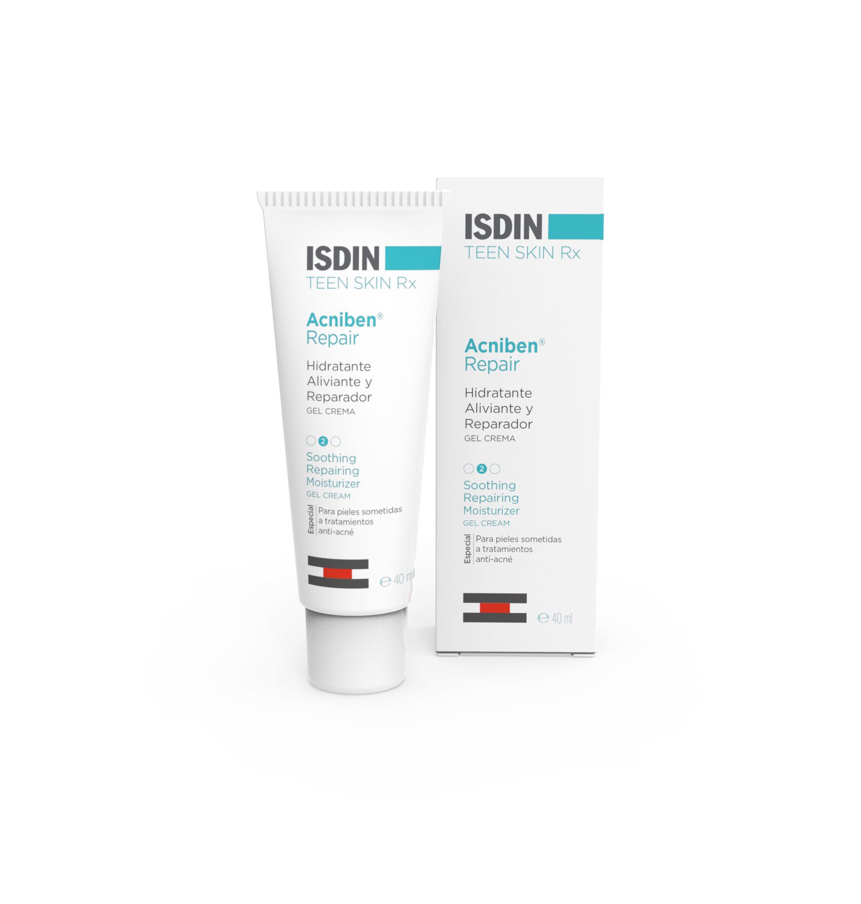 ISDIN Acniben Repair. Tube et emballage. Blanc, bleu et rouge. Texte.