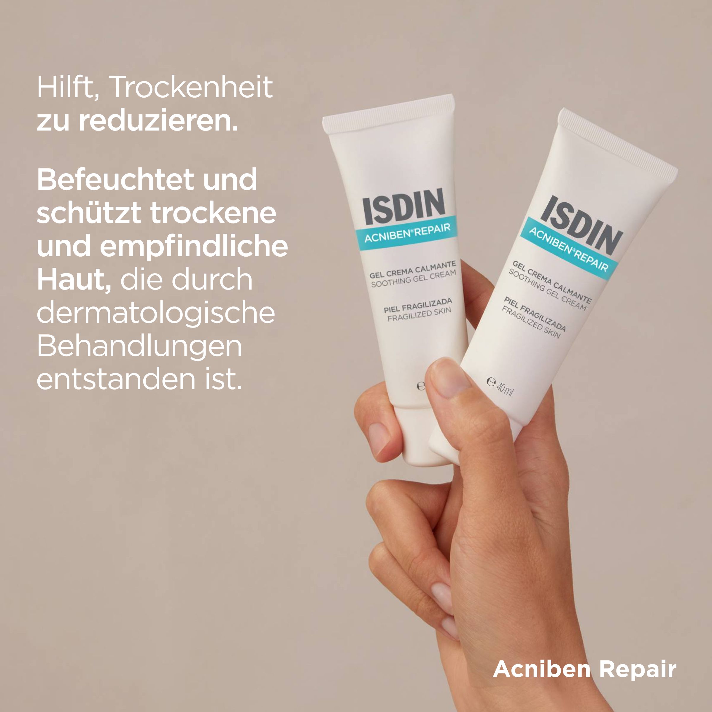 Deux tubes ISDIN Acniben Repair. Main tenant des tubes. Texte.